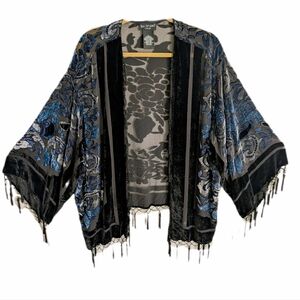 Vintage 90s Art Deco Mystic Romantic Velvet Burnout Beaded Tassels Silk Kimono